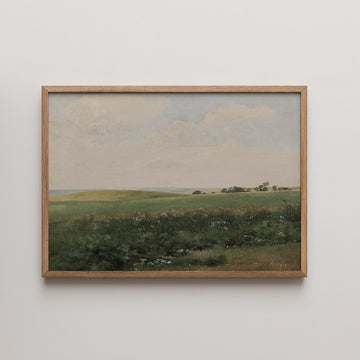 Carl Frederik Aagaard landscape painting titled Summer landscape with rolling fields, wildflower meadow above a distant coastline.