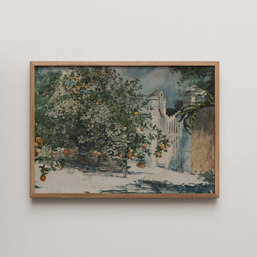 Winslow Homer landscape painting titled Orange Trees and Gate, fruit laden orange trees beside a white picket gate and stone wall in bright sun.