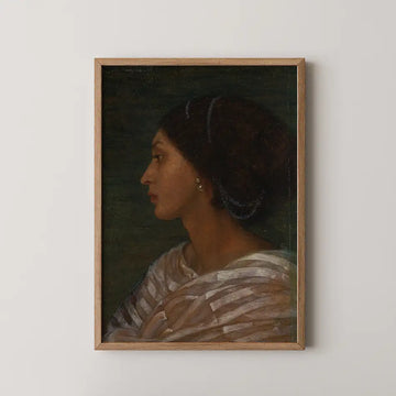 Joanna Boyce Wells painting titled Head of a Mulatto Woman, a profile portrait of a woman with upswept hair and a pearl earring.