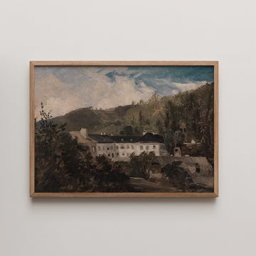 Framed painting of a landscape featuring rolling hills, a building, and a cloudy sky.