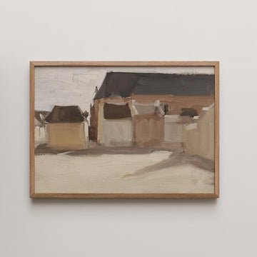 Antoon Derkinderen landscape painting titled Study Of A Village Square With Buildings, showing simplified pale houses with a dark sloped roof.