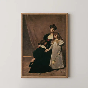 Framed painting of a mother with two children, one boy and one girl, on a neutral background.