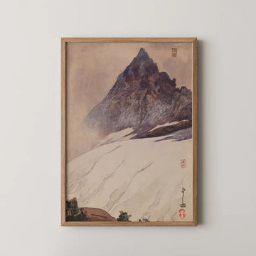 Framed painting of a mountain landscape with a snow-covered foreground and figures at the base, featuring a soft color palette.