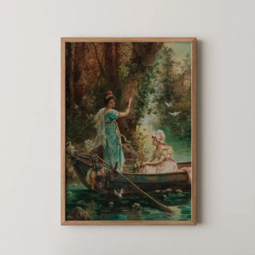 Vintage painting of two women in a boat surrounded by lush greenery and water lilies, framed in natural wood.