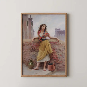 Eugen von Blaas painting titled The Watercarrier, a barefoot young woman leaning on a sunlit brick wall beside water jugs.