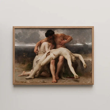 Painting of three figures in a dramatic pose, with one figure cradling another, framed in wood, set against a moody background.