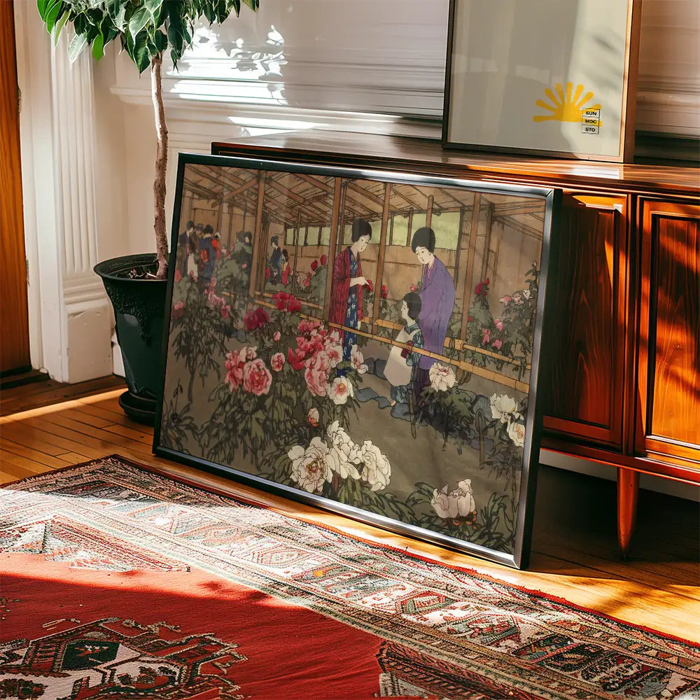 Painting of women interacting in a floral garden, featuring vibrant peonies and traditional attire, displayed in a sunlit room with wooden flooring and a patterned rug.
