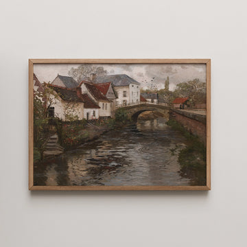 Frits Thaulow townscape painting titled Small town near La Panne, showing white cottages and a stone bridge over a still river under grey sky.