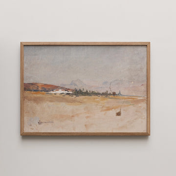 Framed painting of a serene landscape with light colors, featuring rolling hills and a gentle sky.