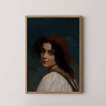Portrait of a woman with dark curly hair wearing a red headscarf, depicted in a framed painting against a dark background.