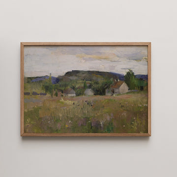 Harriet Backer landscape painting titled Landskap fra Baerum, showing a small farm and low hills beneath a softly clouded evening sky.
