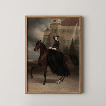 Painting of a woman in a black dress riding a brown horse in front of a grand building with a cloudy sky.