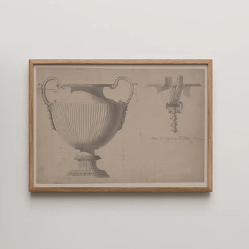 Framed monochromatic illustration of a decorative urn with detailed craftsmanship and architectural elements.