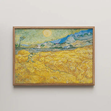 Vincent van Gogh painting titled Wheat Field with a Reaper, a walled golden wheatfield with a small reaper working beneath pale blue hills.