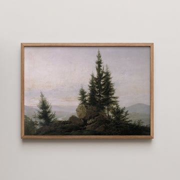 Caspar David Friedrich landscape painting titled View of the Elbe Valley, pines on a rocky ledge above hazy distant hills.