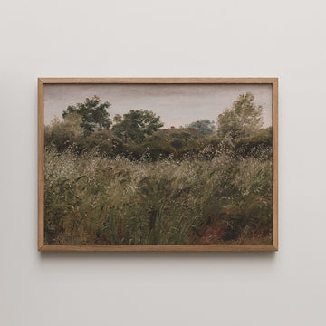 P C Skovgaard landscape painting titled Oat field near Vejby, showing low green hills meeting a strip of sea under a wide pale grey sky.