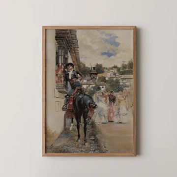 Framed painting of a man on horseback interacting with a window, with women in traditional dress in the background, set in a picturesque village scene.