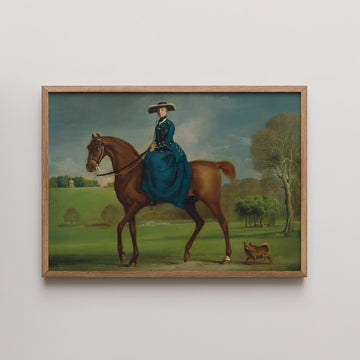 Painting of a woman in a blue dress riding a brown horse in a green landscape with a small dog beside them.