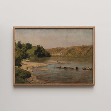 Vasily Dmitrievich Polenov landscape painting titled Oka River, showing the river bending past green banks and golden hills under a soft evening sky.
