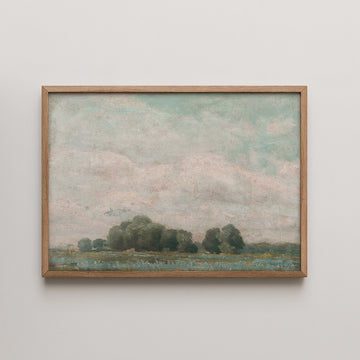 Framed landscape painting featuring soft clouds above a serene countryside with distant trees and gentle green hues.
