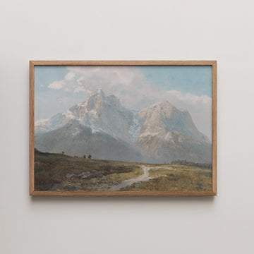 Konrad Petrides landscape painting titled Mountain Landscape, two snow streaked peaks above a winding path through highland pasture.