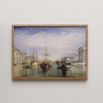 Painting of a serene canal scene featuring boats and historic buildings, framed in light wood.