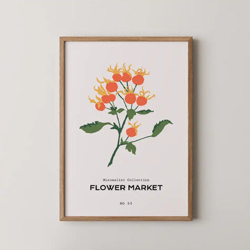 Modern floral art print featuring vibrant orange and yellow flame flowers with green leaves against a soft background, ideal for home or office decoration.