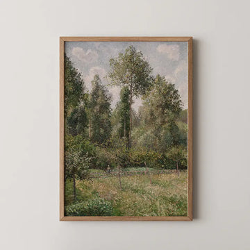 Camille Pissarro landscape painting titled Poplars, Eragny, tall poplars above a hedged meadow with a resting figure near the fence.