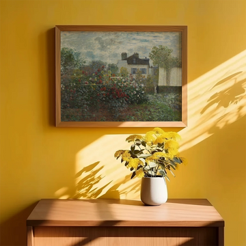 Rincón del jardín con dalias (II) — póster en una ambientación de ejemplo; marco no incluido