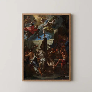 Framed painting depicting a dramatic scene with angels and figures in dynamic poses against a dark background.