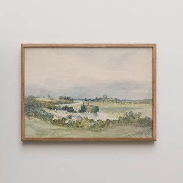 Antoine Chintreuil landscape painting titled Extensive Landscape Prospect, showing a wide river valley with a ruined tower and village rooftops.
