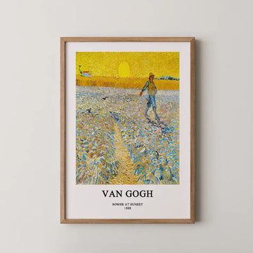 Framed painting of "Sower at Sunset" by Van Gogh, featuring a sunlit landscape with a figure sowing seeds in a field.