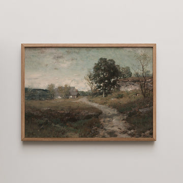 Alexander Helwig Wyant landscape painting titled Arkville Landscape, showing autumn trees above a stone wall with hazy hills fading into the distance.