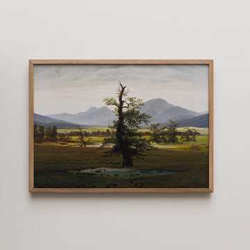 Caspar David Friedrich landscape painting titled The Lonely Tree, a weathered oak standing alone before distant blue mountains.