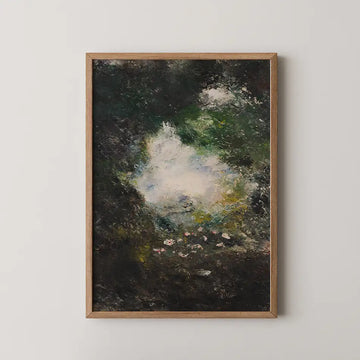 Abstract painting with dark tones and hints of green and white, displayed in a wooden frame on a white wall.