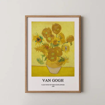 Vincent van Gogh painting titled Vase With Fifteen Sunflowers, a bunch of golden sunflowers in a plain vase against a bright yellow background.