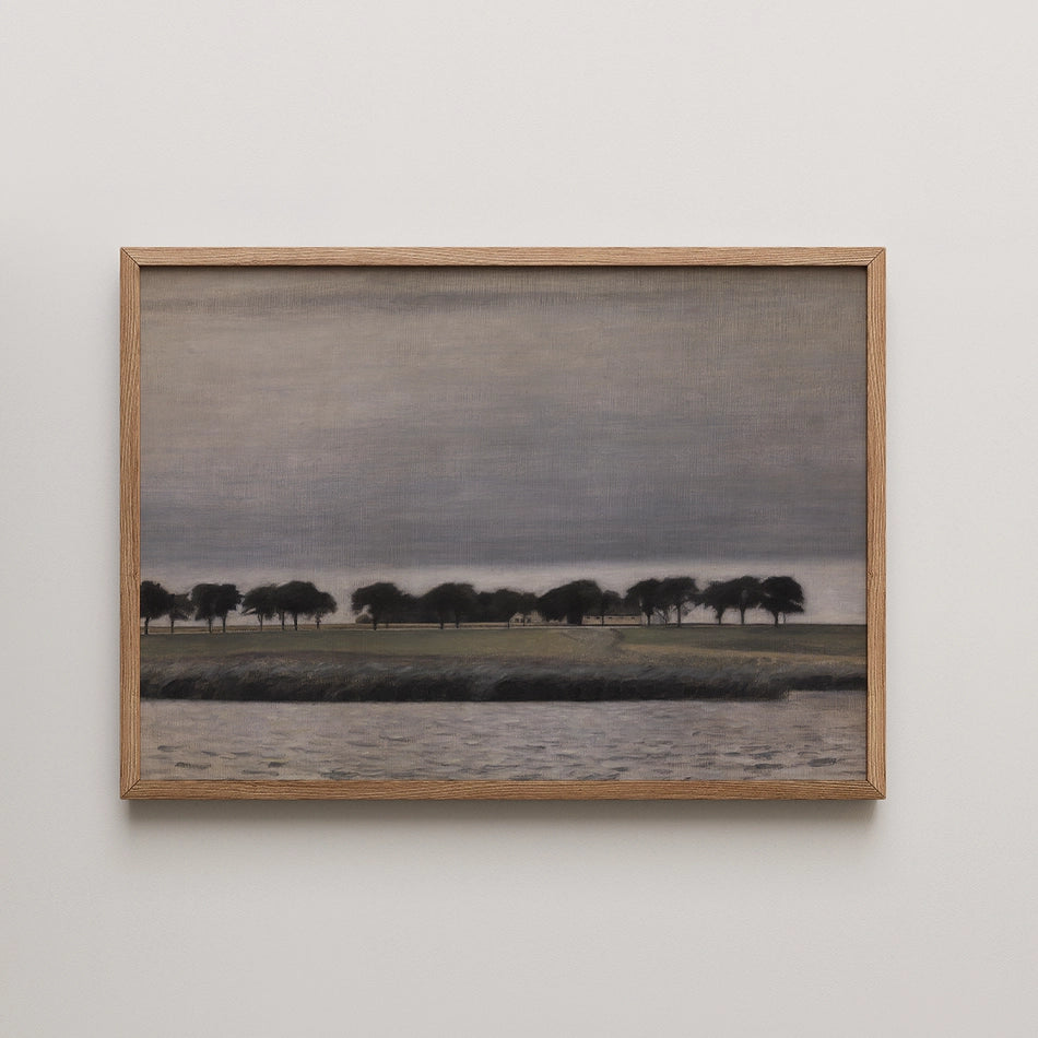 Painting of a serene landscape featuring a calm body of water and silhouetted trees under a cloudy sky, framed in light wood.