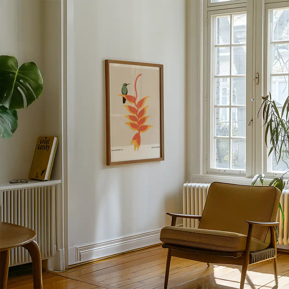 Modern art poster featuring a vibrant floral design and a hummingbird, framed and displayed in a stylish living room setting.