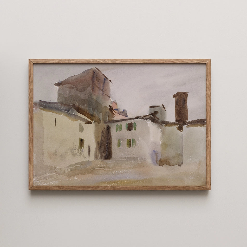 A soft watercolor painting depicting a rustic building with a muted color palette, framed in natural wood.