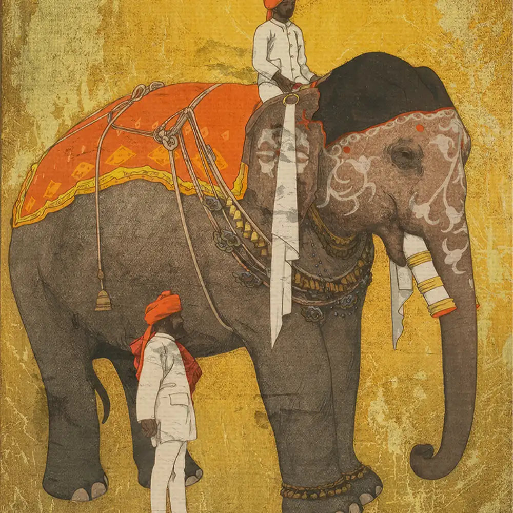 Illustration of a decorated elephant with a rider wearing traditional attire, set against a textured golden background.