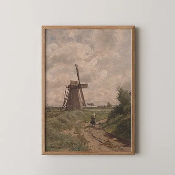 Painting of a landscape featuring a windmill, a pathway, and a person walking through greenery, framed in a wooden frame.