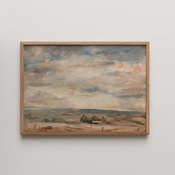 John Constable landscape painting titled Cloud Study, Early Morning, showing sweeping grey and gold clouds over a thin, hazy strip of land at dawn.