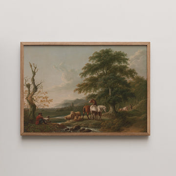 Landscape painting featuring a tranquil scene with horses, sheep, and a figure by a stream, framed in light wood.