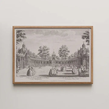 Historical print of a garden scene with people in period clothing, framed in wood.