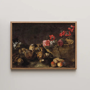 Still life painting featuring flowers, fruits, and small animals in a dark setting, framed in a wooden frame.