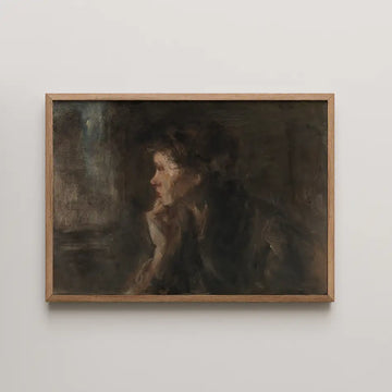 Portrait painting of a woman in profile, framed in a light wooden frame, featuring dark, muted colors.