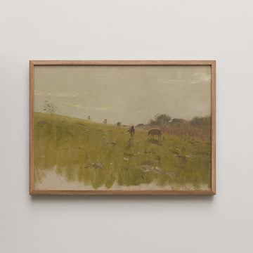 Ladislav Mednyanszky landscape painting titled To The Pasture, two cows grazing an open field at dusk beneath a pale, clouded sky.