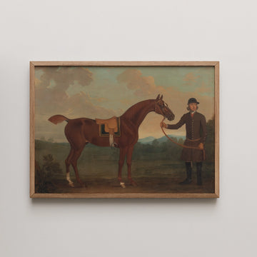 Painting of a brown horse standing next to a man in historical clothing, framed in wood, set against a landscape background with clouds.