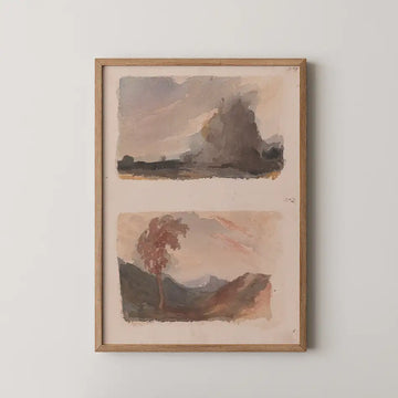 Framed art print featuring two abstract landscape paintings in soft pastel colors on a light background.