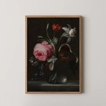 Simon Verelst still life painting titled Flowers in a Vase, a pink rose, red tulip and white narcissus in a glass vase against a dark background.